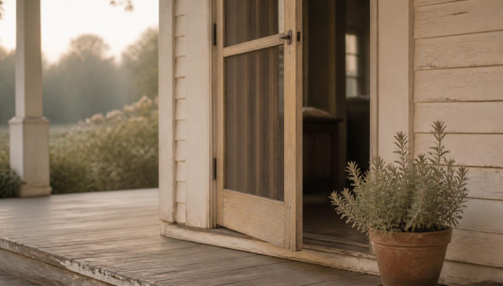 A wooden screen door standing slightly open on a quiet farmhouse porch in early morning light