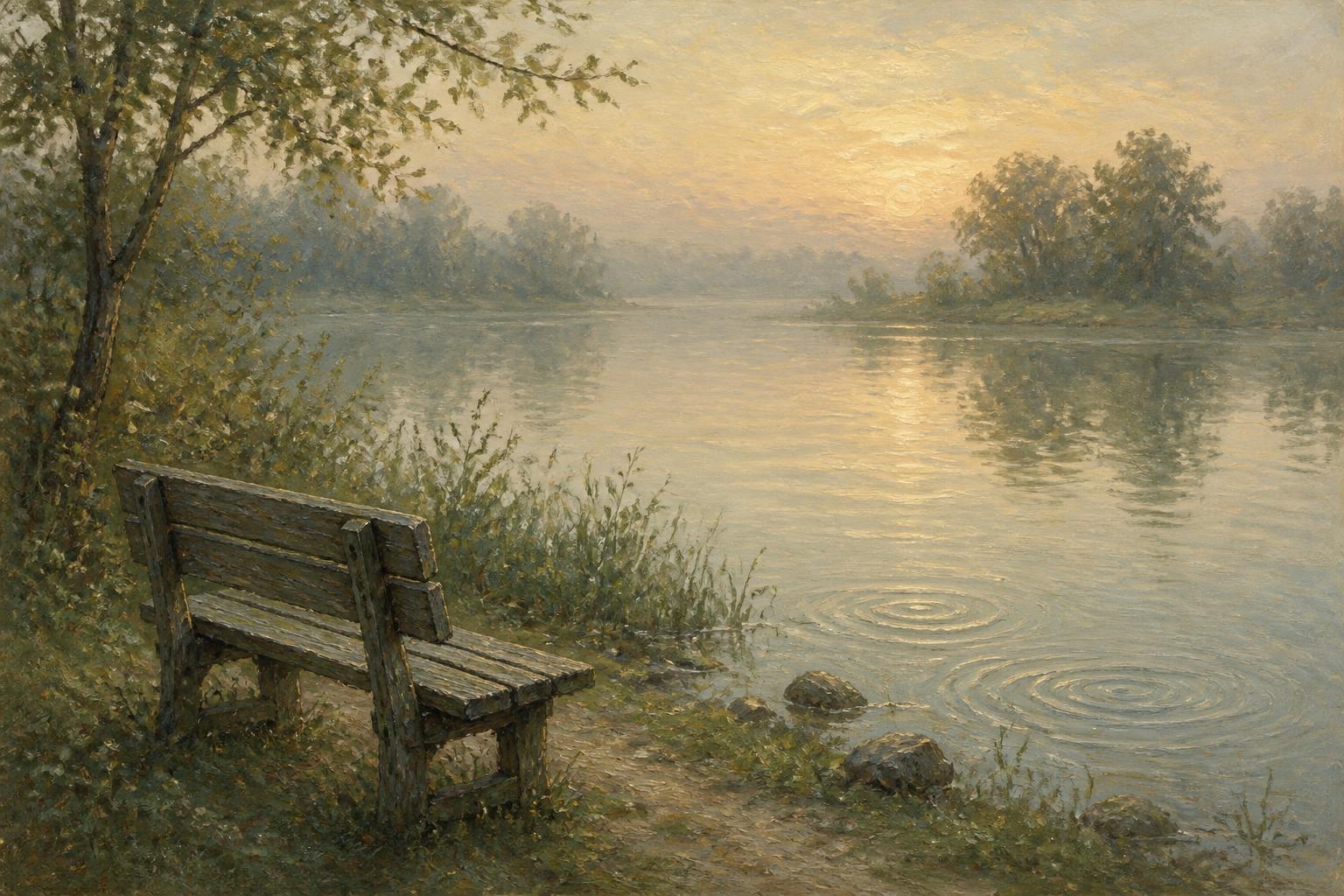 A weathered bench beside a still pond at first light, with faint ripples repeating on the water