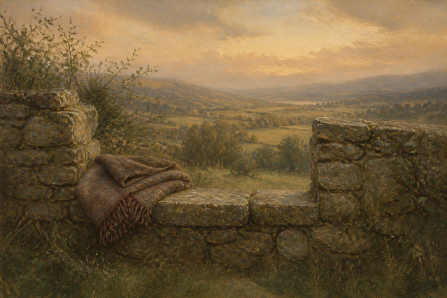 A folded woollen shawl set down on an old stone wall above a wide, quiet valley in late afternoon light