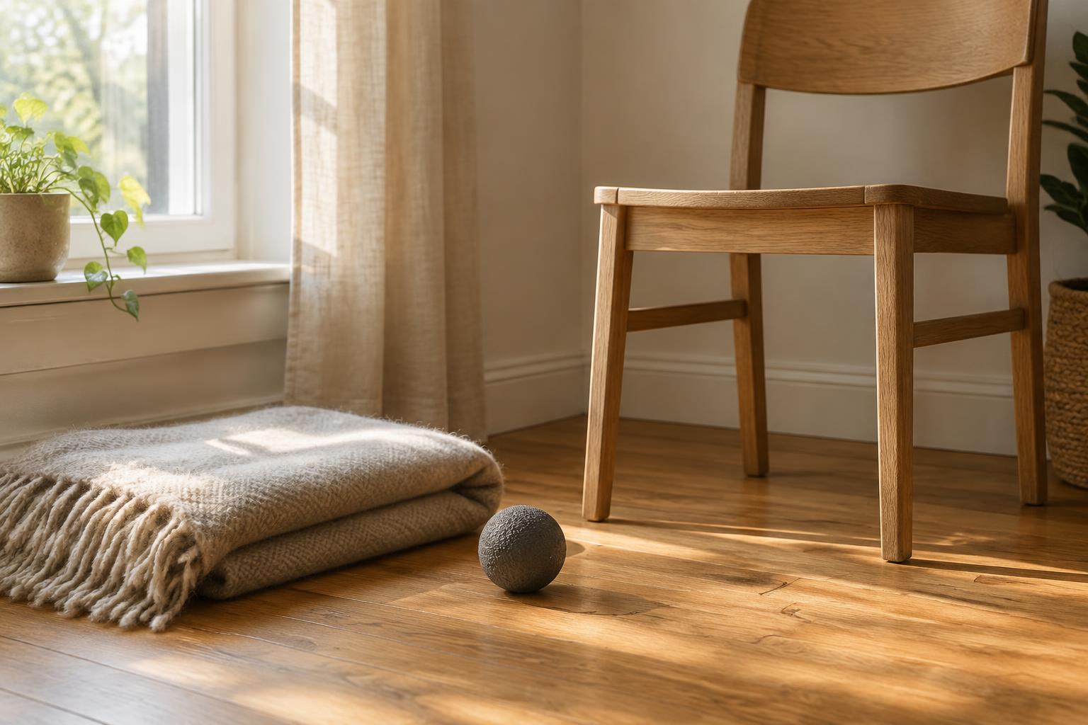 A small firm ball on a wooden floor beside a folded blanket and a plain wooden chair in soft morning light