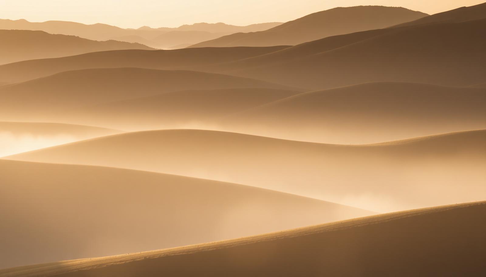 Soft dawn light spreading across quiet rolling hills with mist in the valley