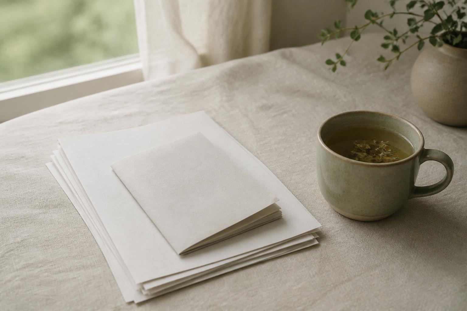 Plain printed pages beside a mug of herbal tea on a linen tablecloth in soft daylight