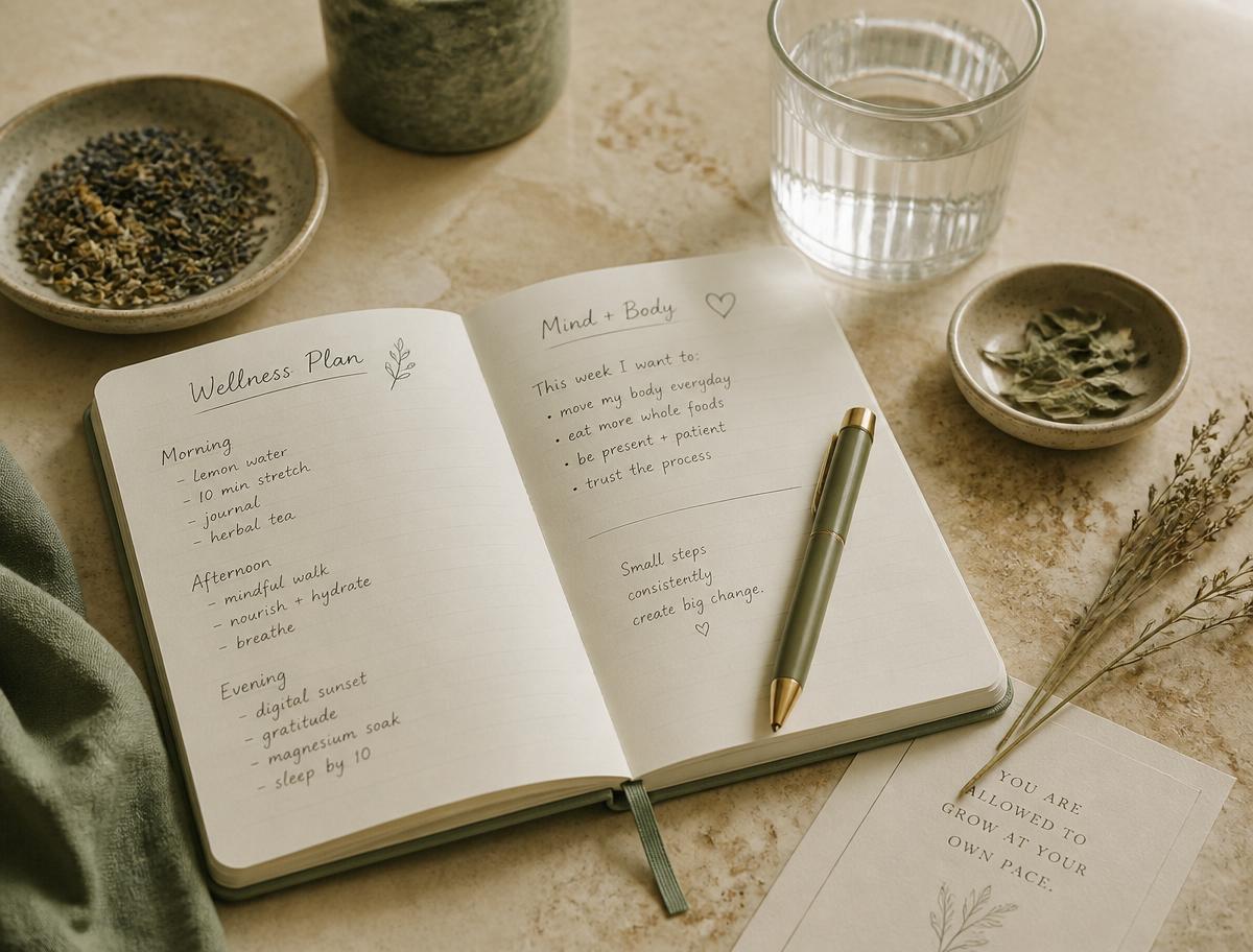 An open notebook on a quiet table, a few lines written by hand beside a glass of water