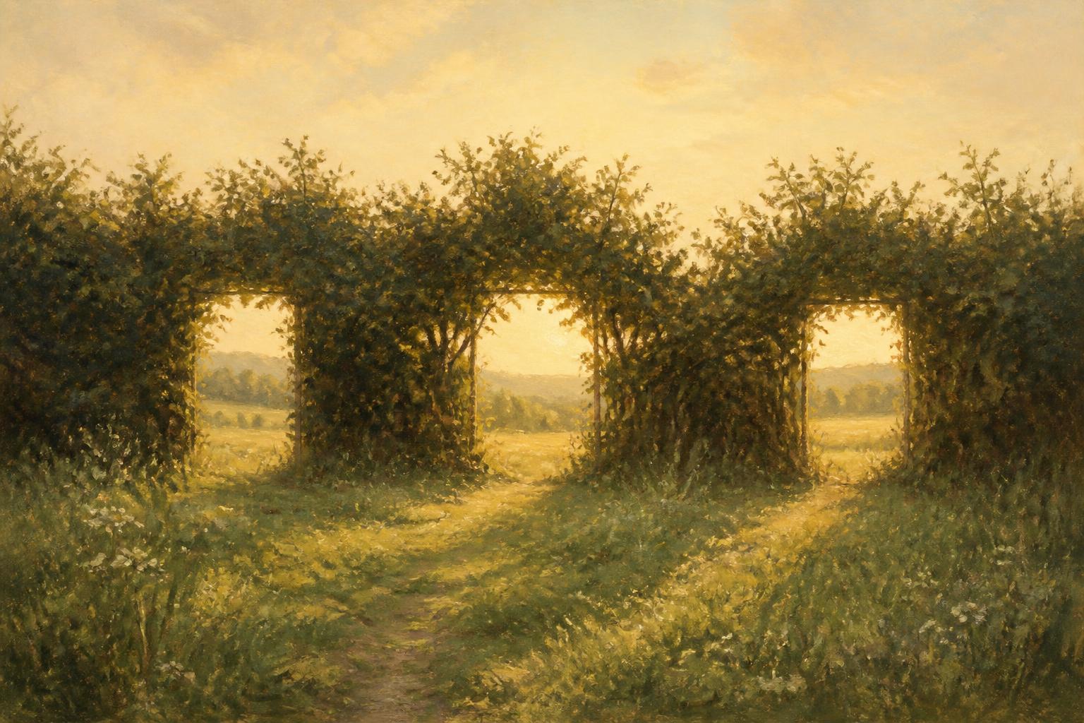 Three openings in a hedgerow, each looking out onto the same quiet meadow at golden hour