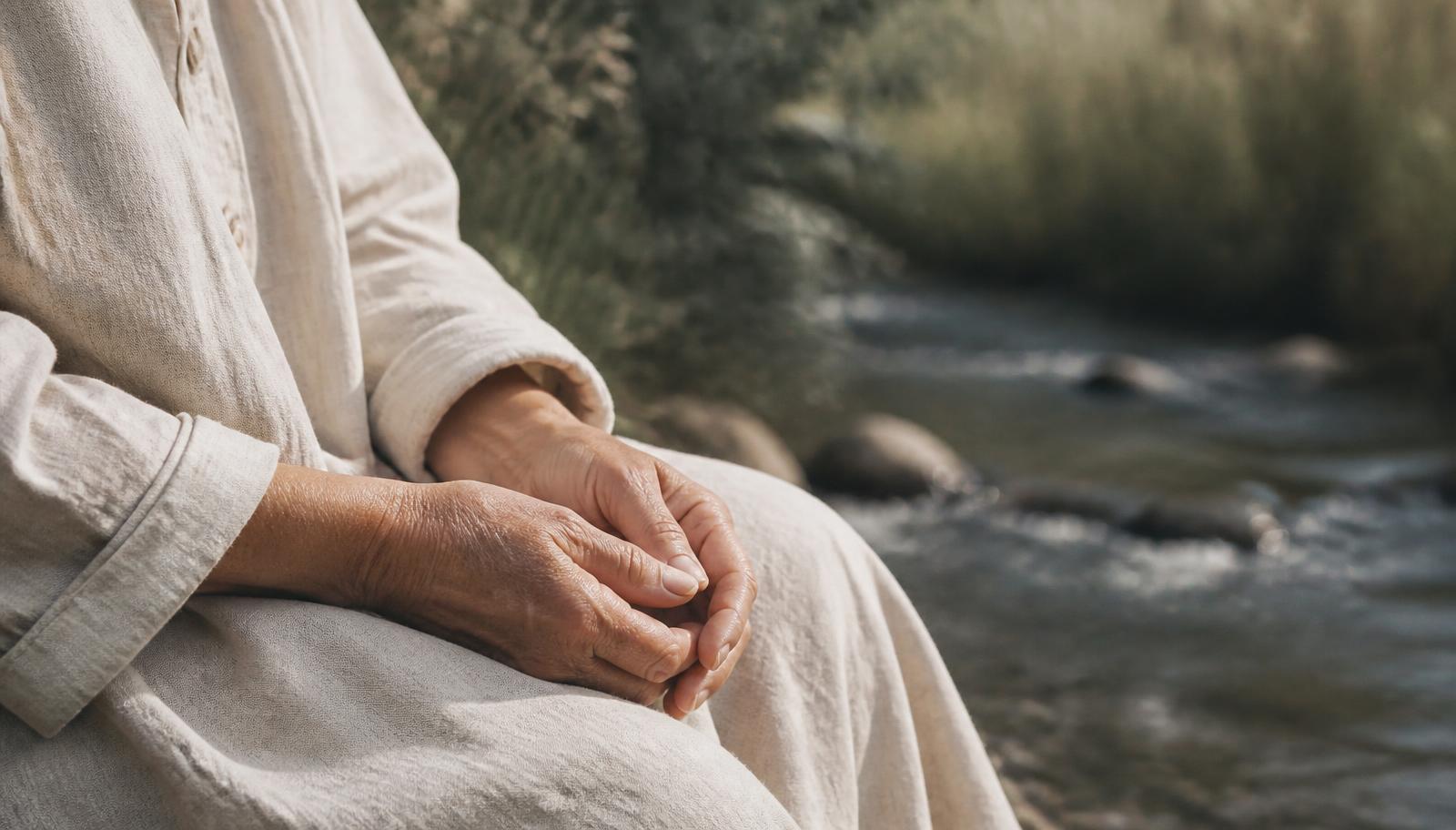 A woman’s hands resting in her lap as she sits beside a slow stream