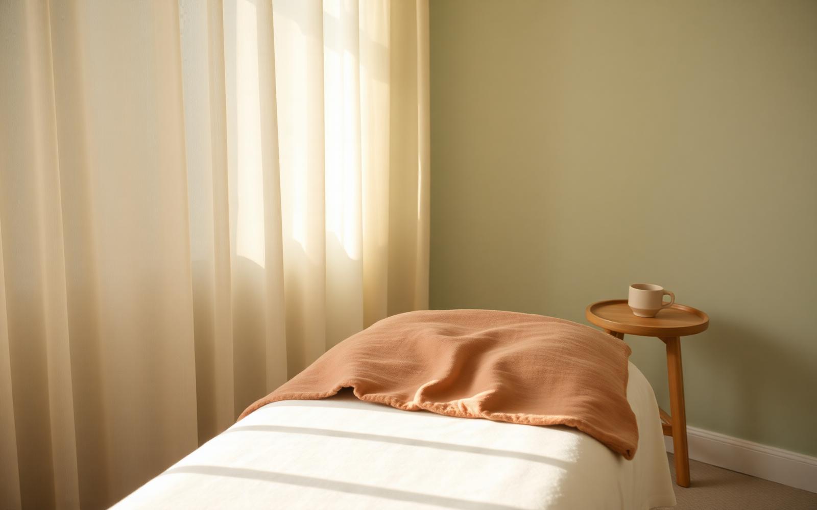A quiet treatment room with a folded blanket and soft morning light