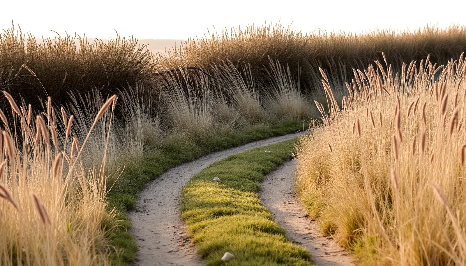 A worn footpath curving through tall grasses beside a hedgerow in soft daylight