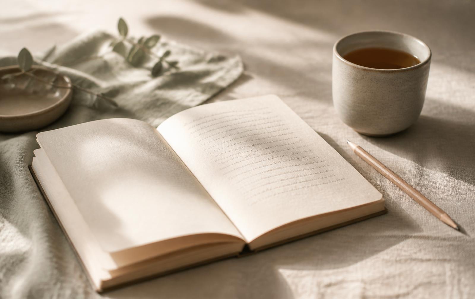 An open journal, a pencil and a cup of tea in soft morning light