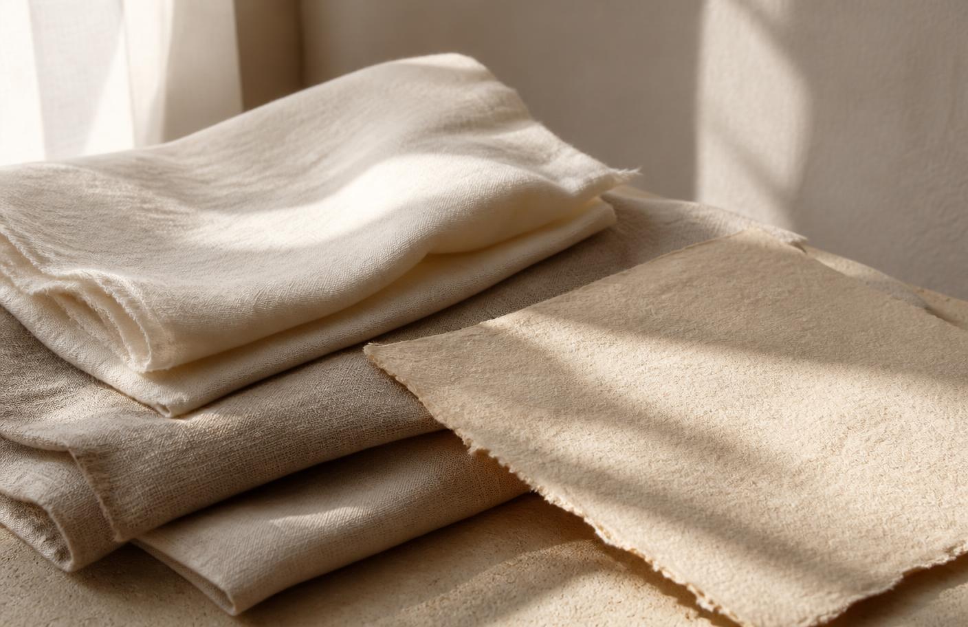 Folded linen and a sheet of warm paper in morning light