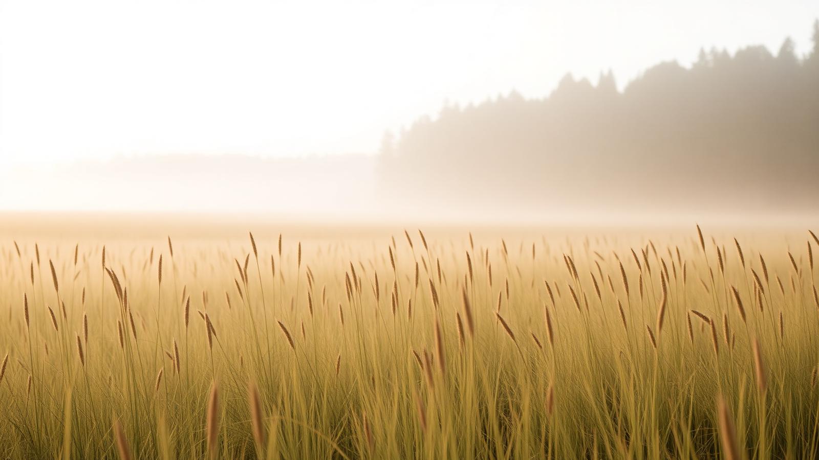 A meadow of tall grasses in soft morning mist