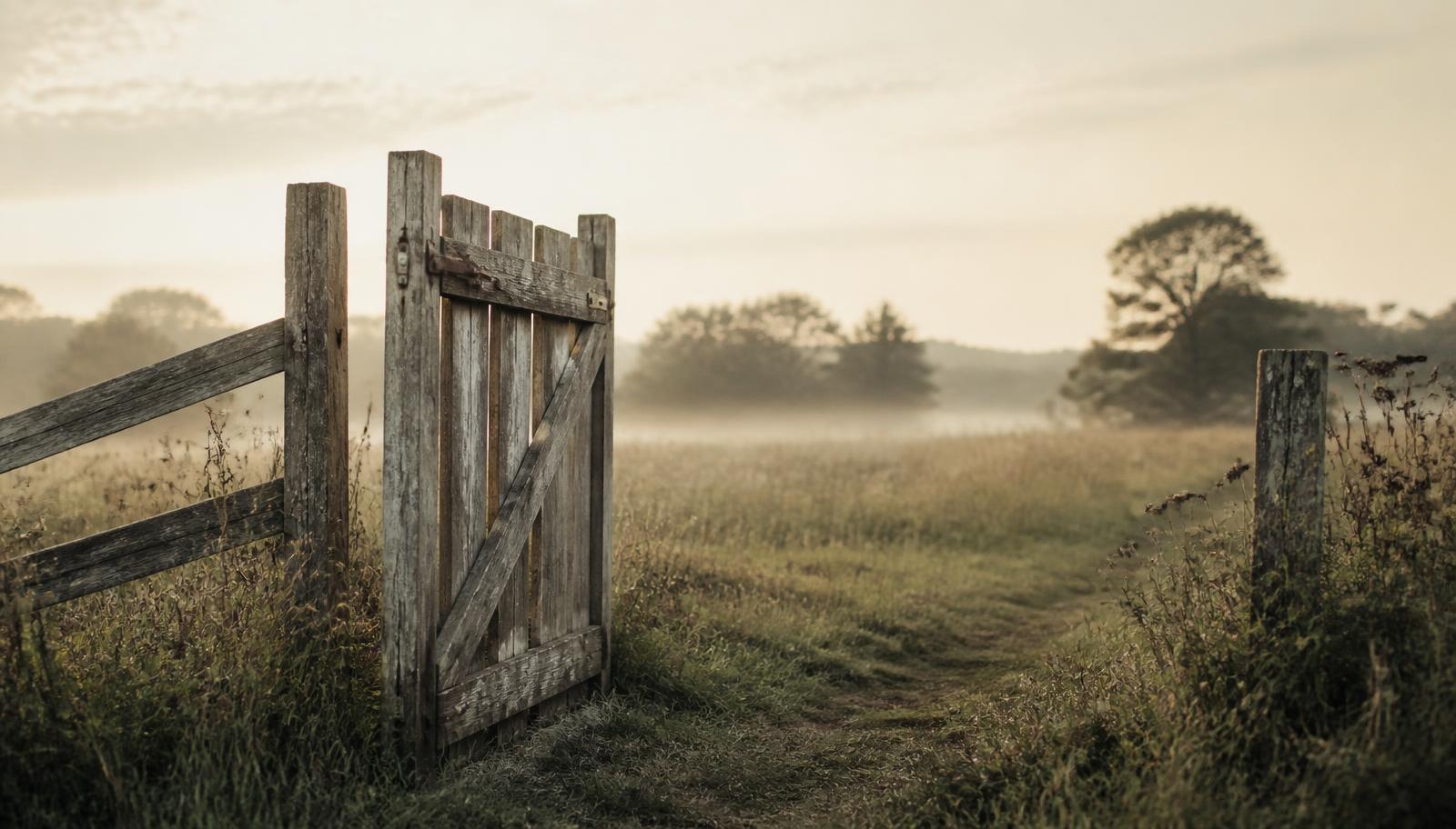 An old wooden gate standing open at the edge of a misty field