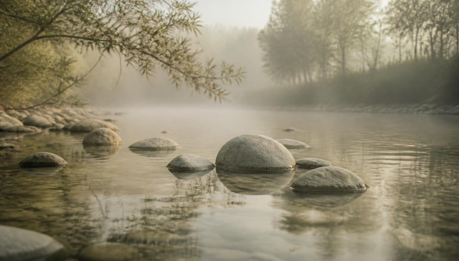 Still creek water moving slowly over smooth pale stones in morning mist