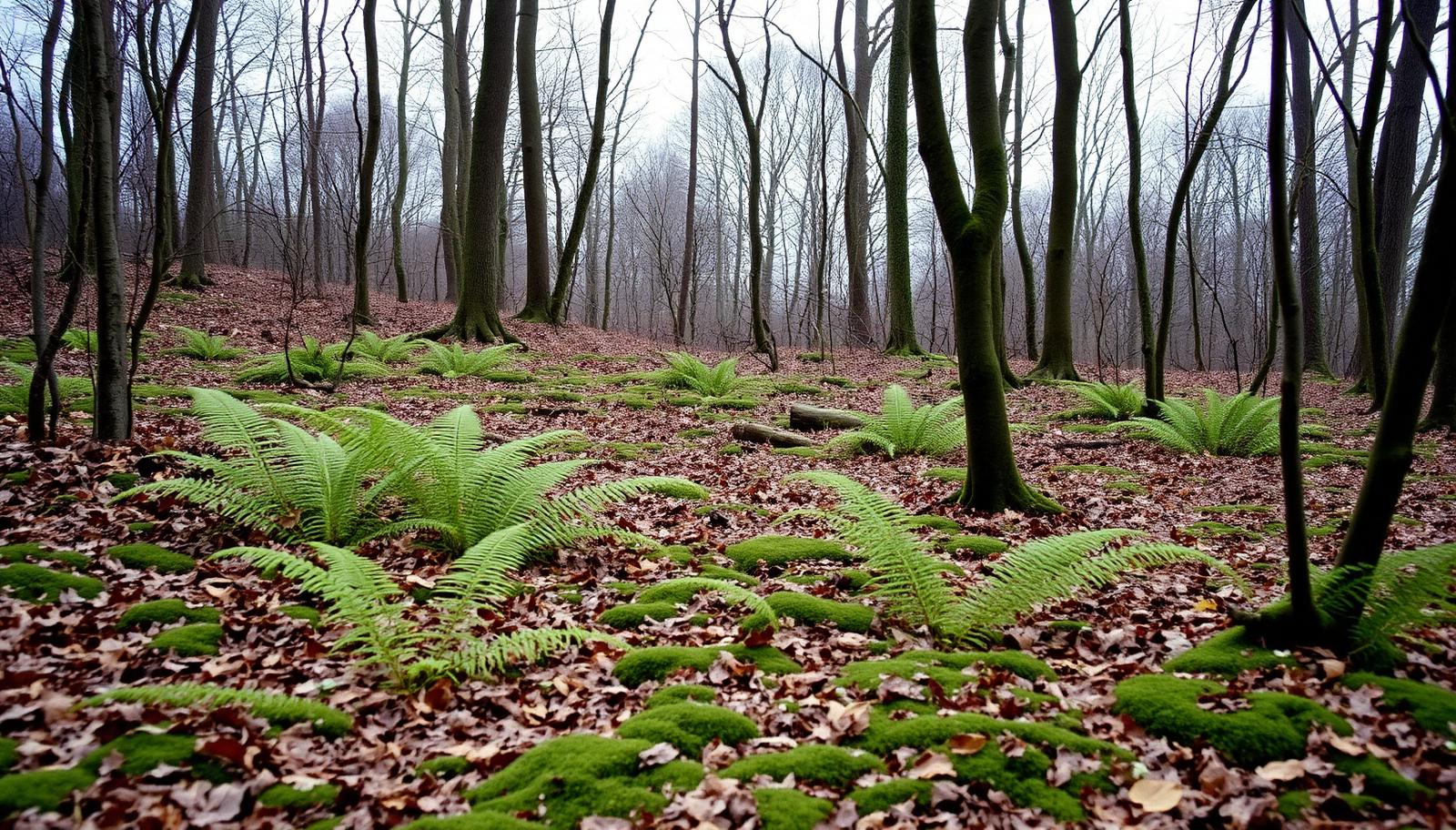 A quiet woodland clearing with low ferns and moss in soft overcast light
