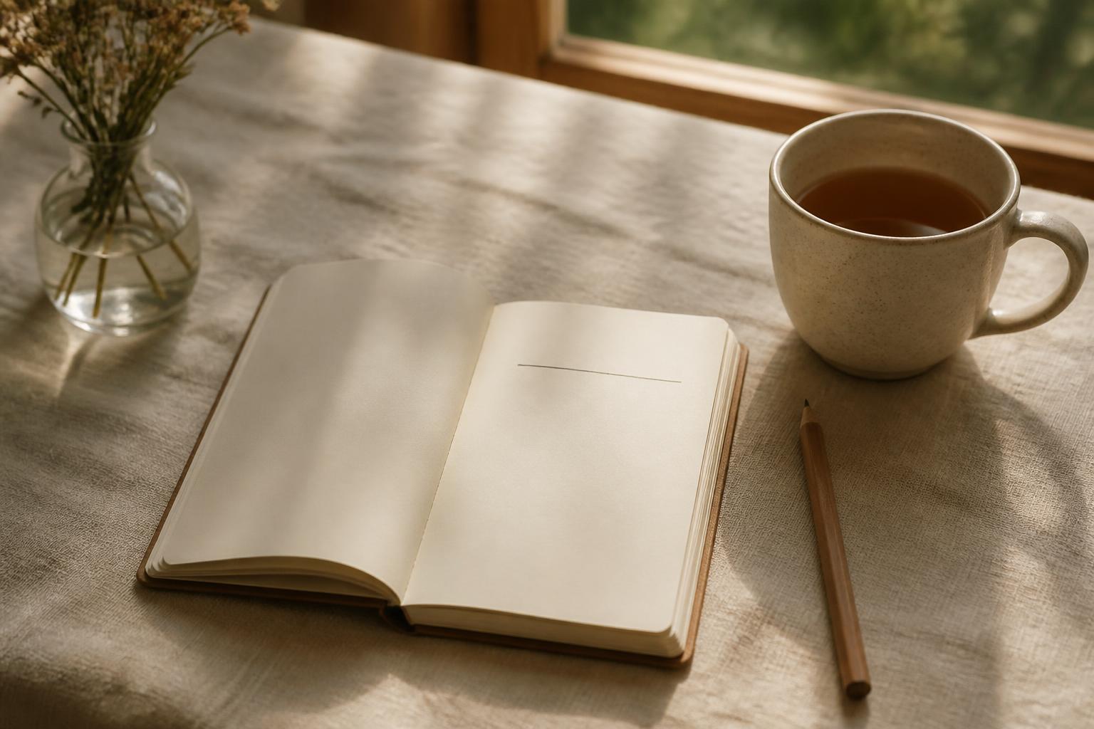 An open notebook with a single short line written on it, a pencil and a mug of tea on a linen tablecloth in soft daylight
