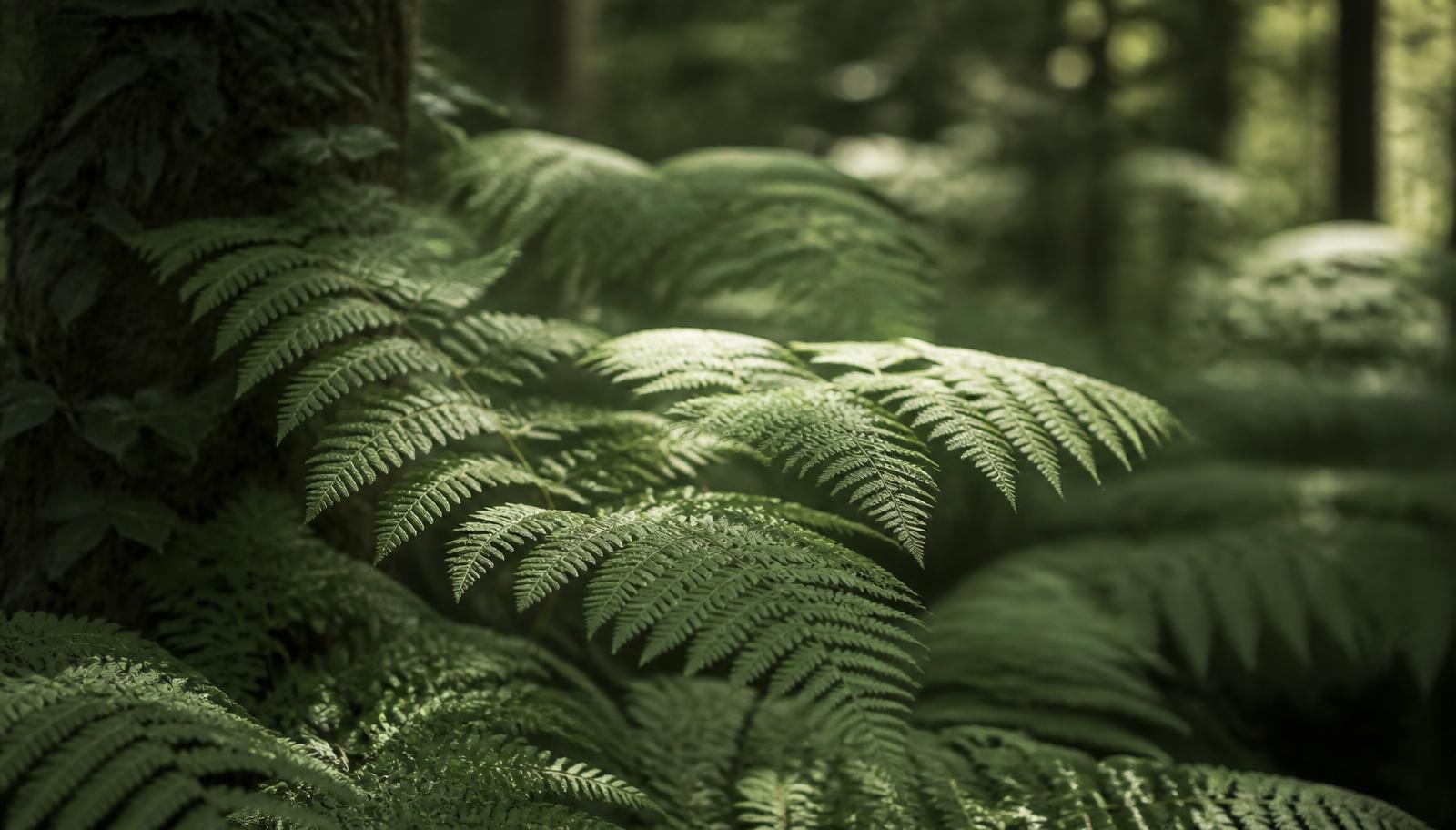 Soft green ferns in dappled woodland light