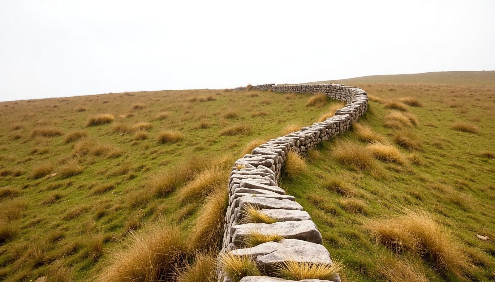 A dry stone wall winding over an open meadow in soft morning light