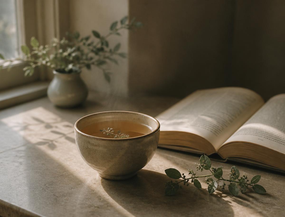 A warm cup resting on a quiet table in soft morning light
